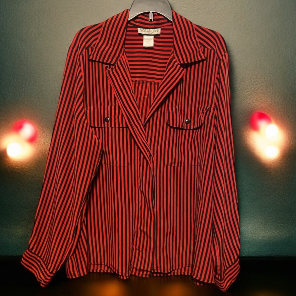 Ladies Red and Black Striped  Long Sleeve Button Down Top  size Large/XLrg P - Picture 2 of 6